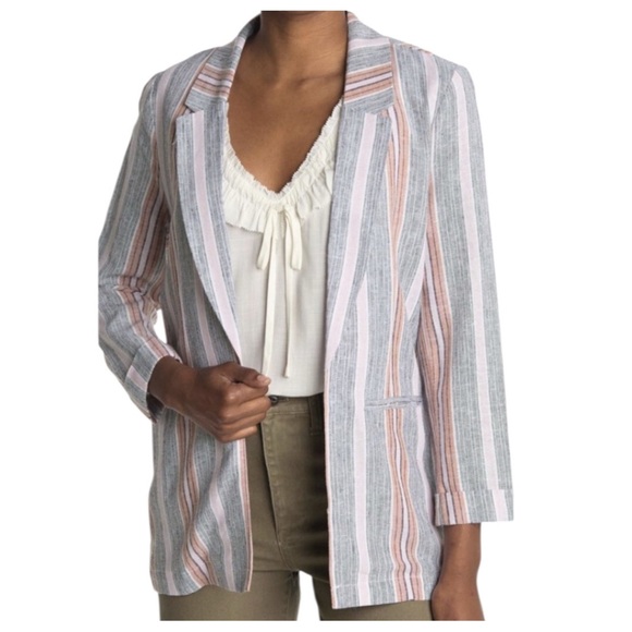 Nanette Lepore Linen Blend Long Sleeve Striped Open Front Blazer Sz Medium NWT - Picture 2 of 9